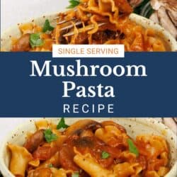 mushroom pasta in a yellow bowl next to a bowl of fresh mushrooms.