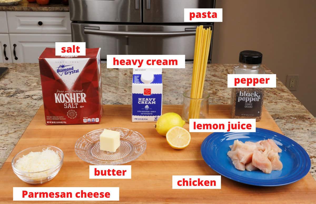 chicken alfredo ingredients on a kitchen counter