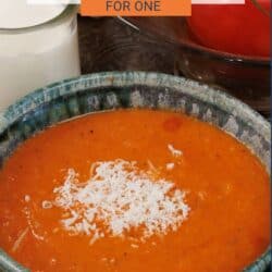 a bowl of creamy tomato soup topped with parmesan cheese.