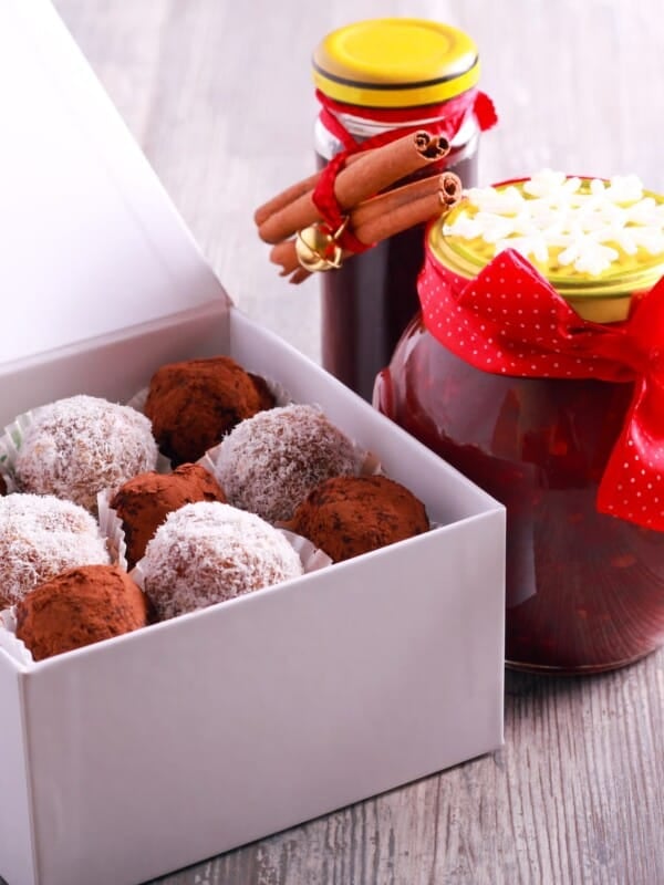 a box of rum balls in a gift box