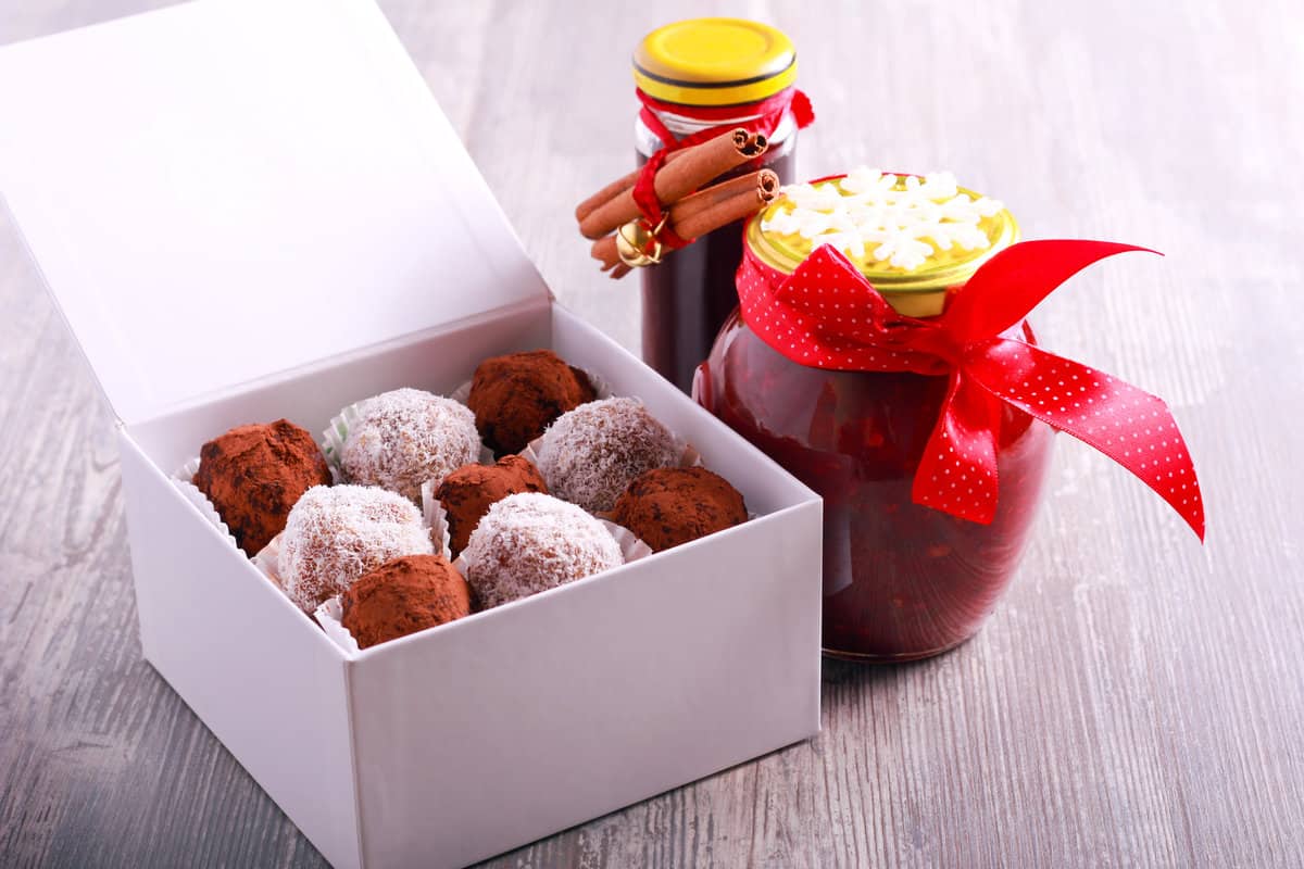 a box of rum balls in a gift box.