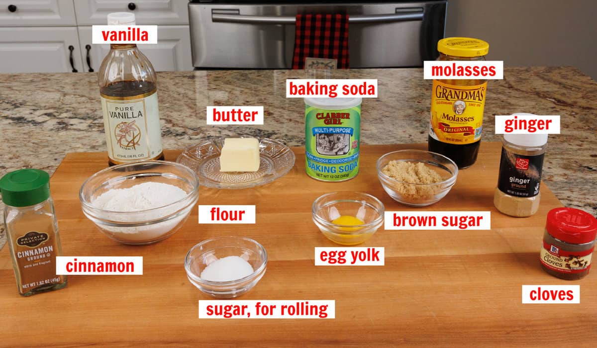 molasses cookies ingredients on a kitchen counter
