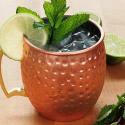 a moscow mule in a copper mug with a slice of lime on the rim and a sprig of fresh mint in the drink