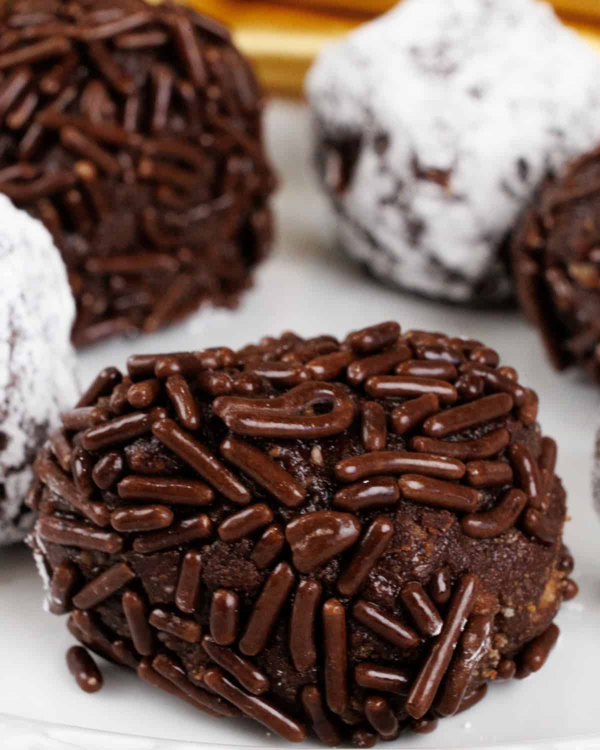 rum balls rolled in chocolate sprinkles and powdered sugar.