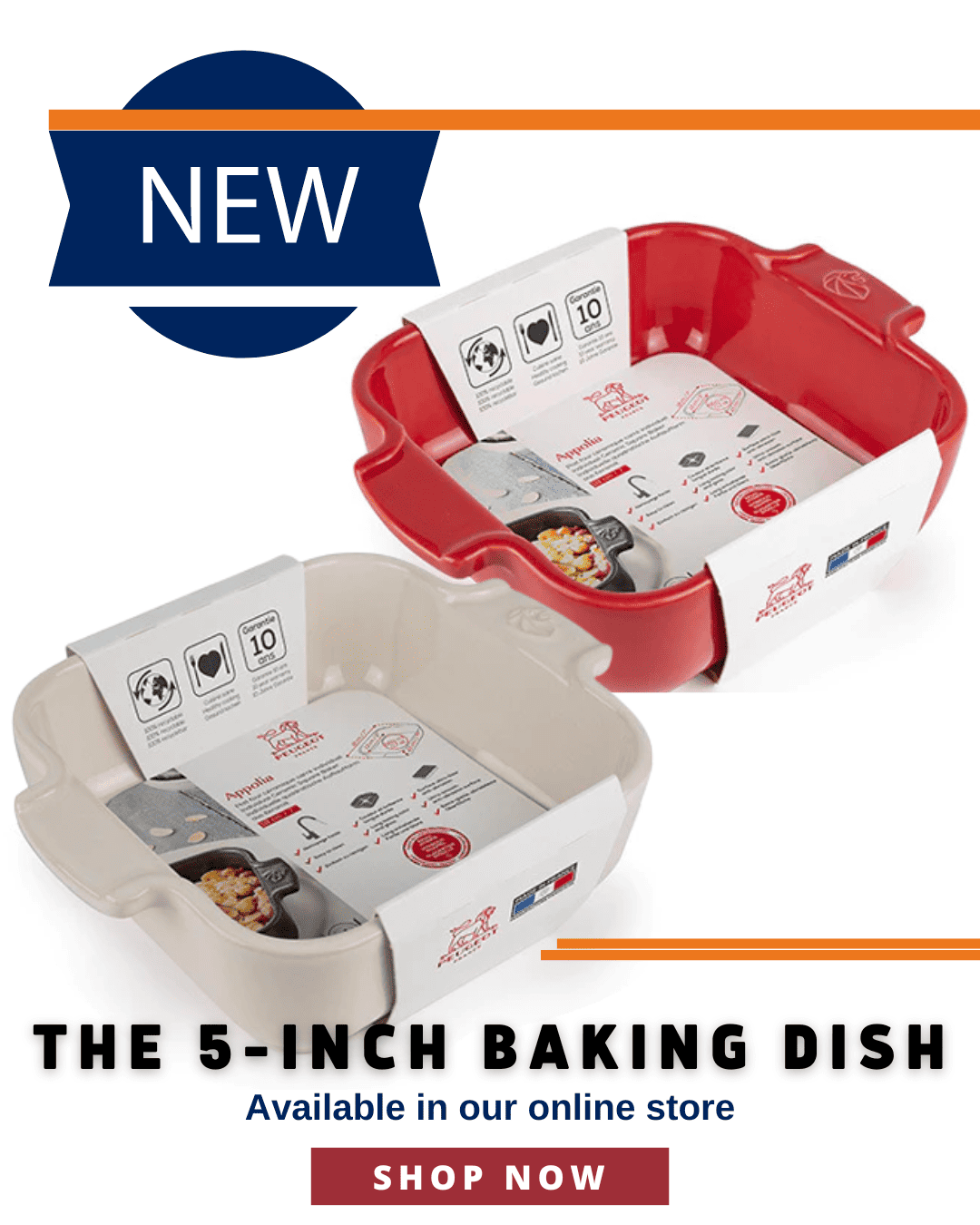 red and ecru 5-inch baking dish advertisement