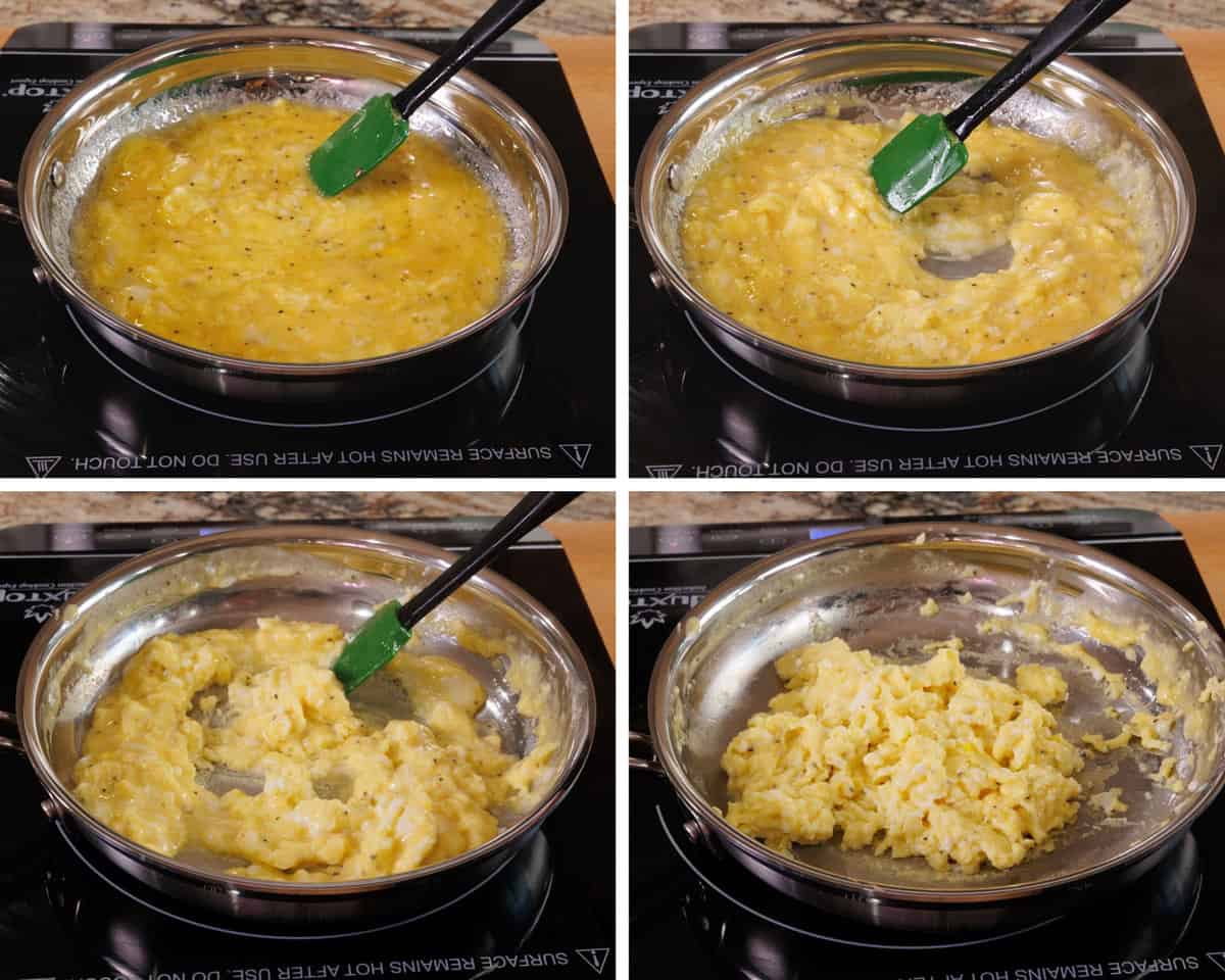 four photos showing how to make scrambled eggs