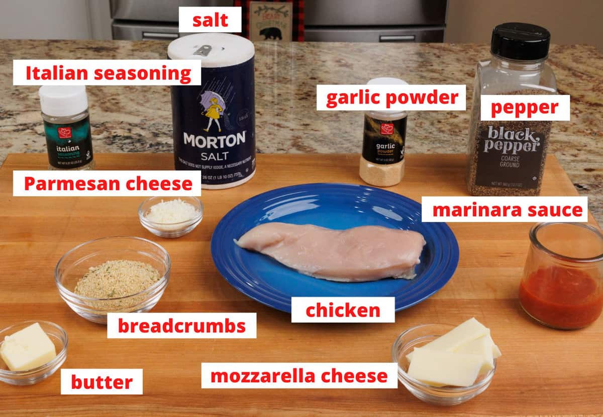 chicken parmesan ingredients on a kitchen counter