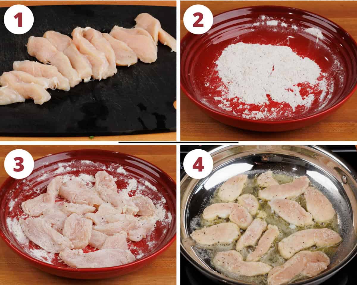 four steps in making chicken piccata, slices of chicken in flour and being fried.