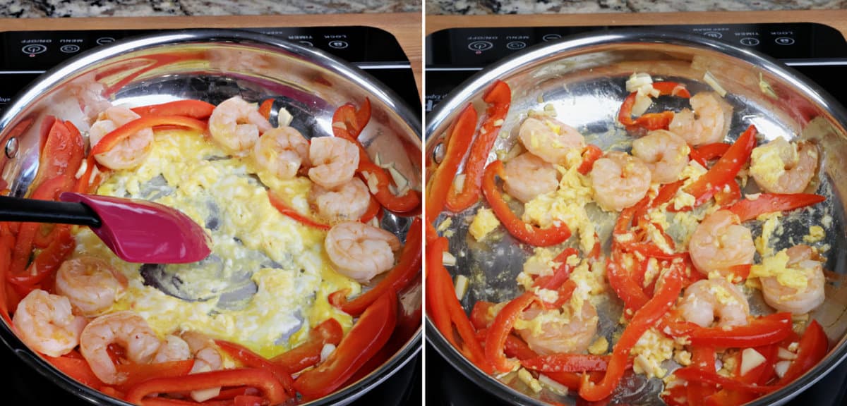 scrambling an egg into shrimp and vegetables in a skillet