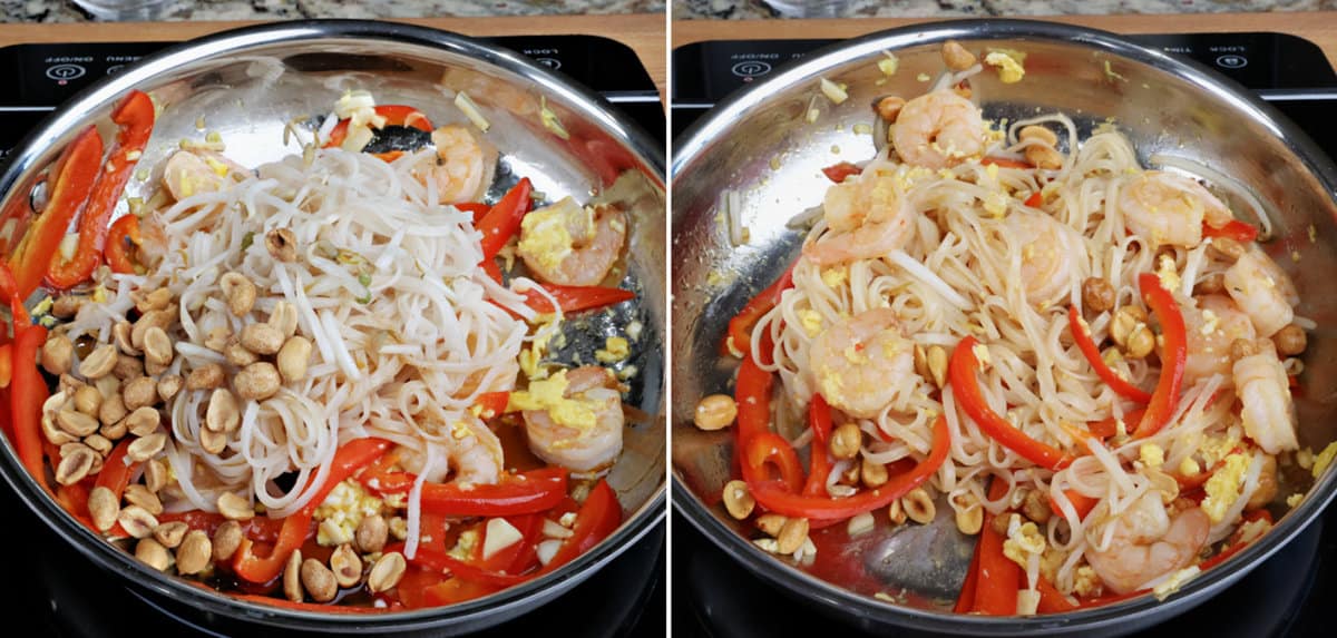pad thai in a skillet on the stove