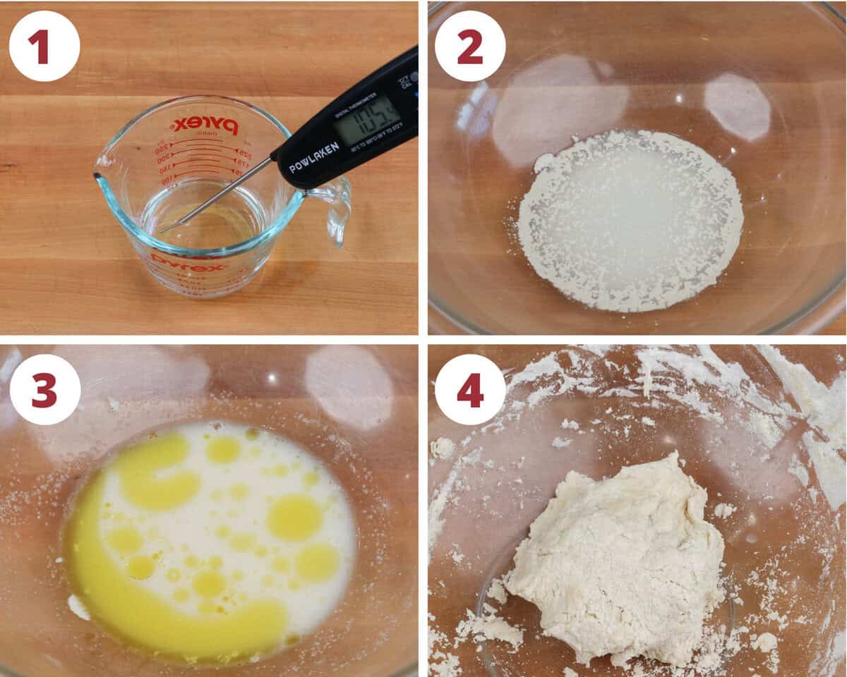 four photos showing how to make pizza dough.