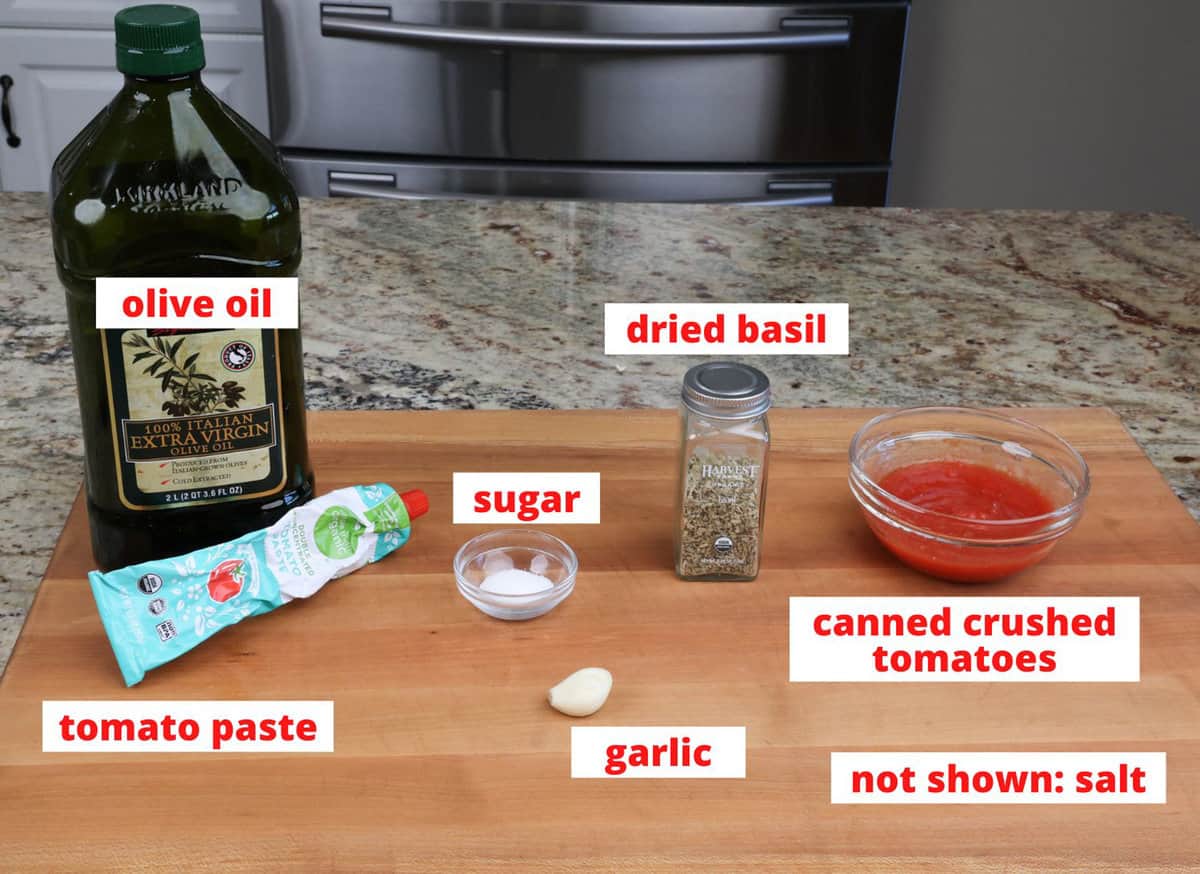 pizza sauce ingredients on a kitchen counter