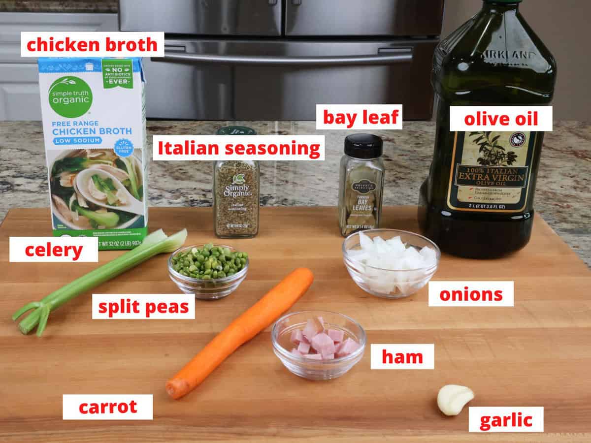 split pea soup ingredients on a kitchen counter.