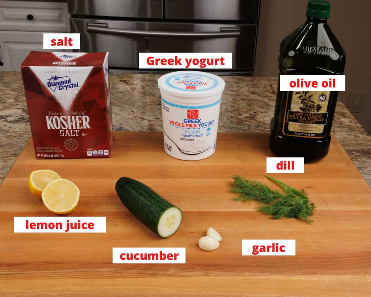 tzatziki sauce ingredients on a kitchen counter
