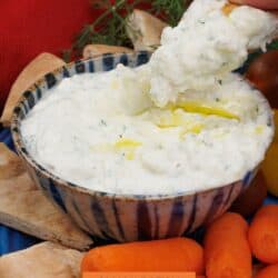 a small bowl of tzatziki sauce with a pita chip on the side.