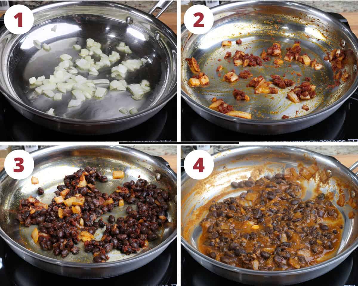 four photos showing how to make the black bean taco filling.