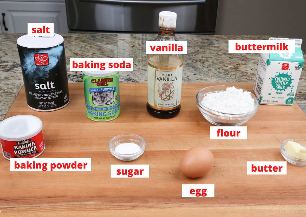 ingredients in buttermilk pancakes on a kitchen counter