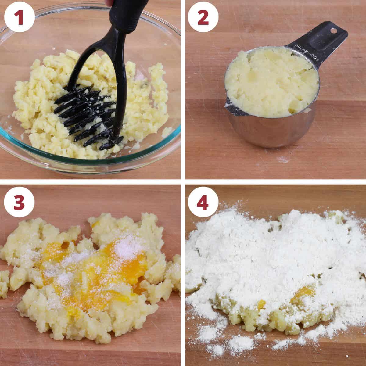 four photos showing how to make gnocchi dough.