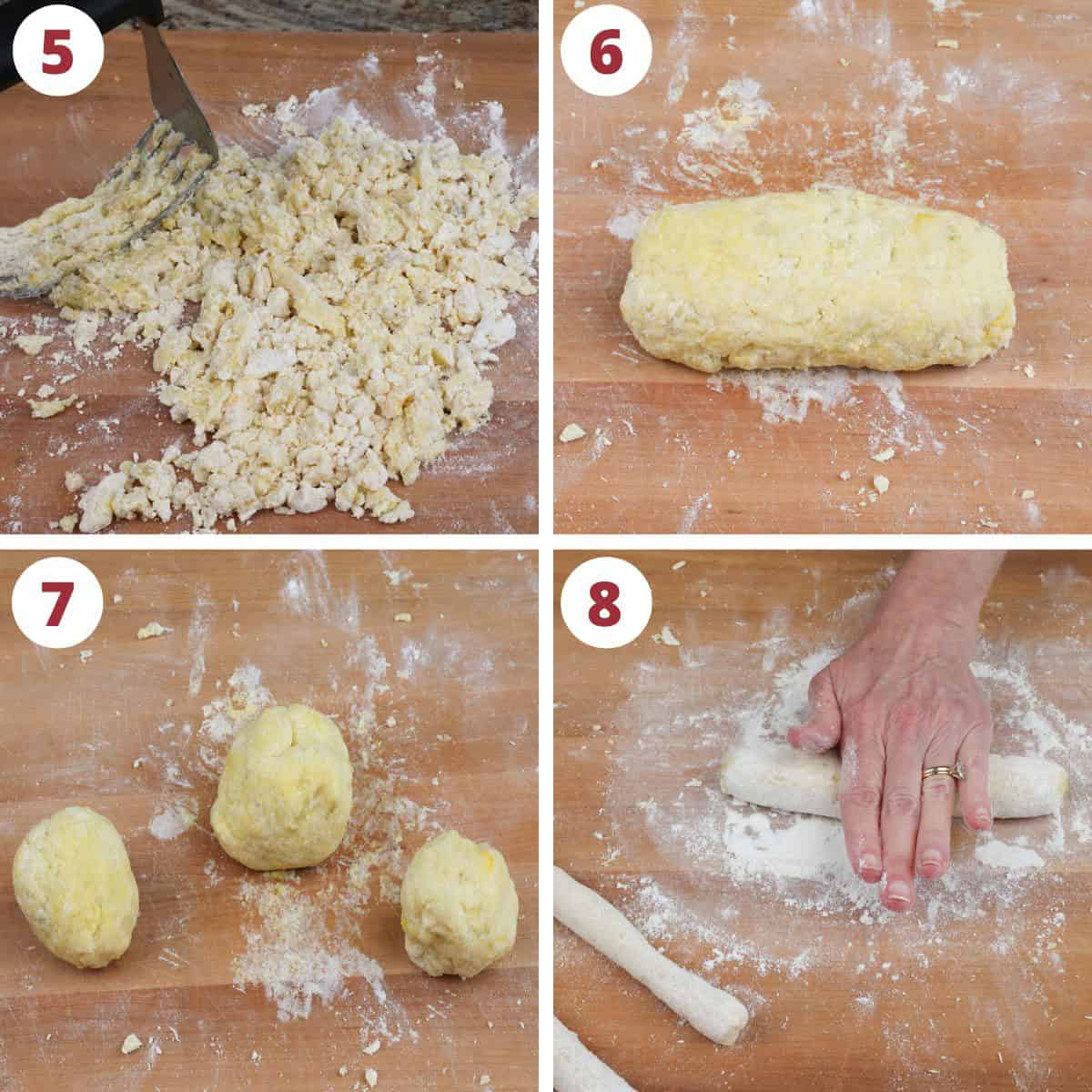 four photos showing how to form gnocchi dough.