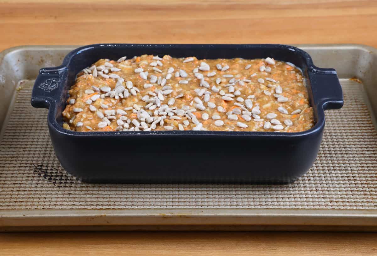 a morning glory cake in a small rectangular baking dish.