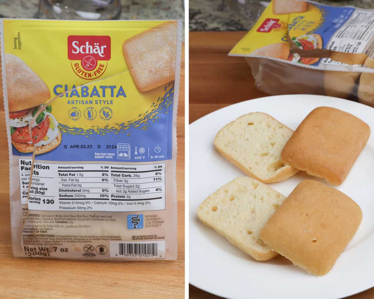 two images with one image of Schar brand Ciabatta packaging and second image with two rolls cut in half