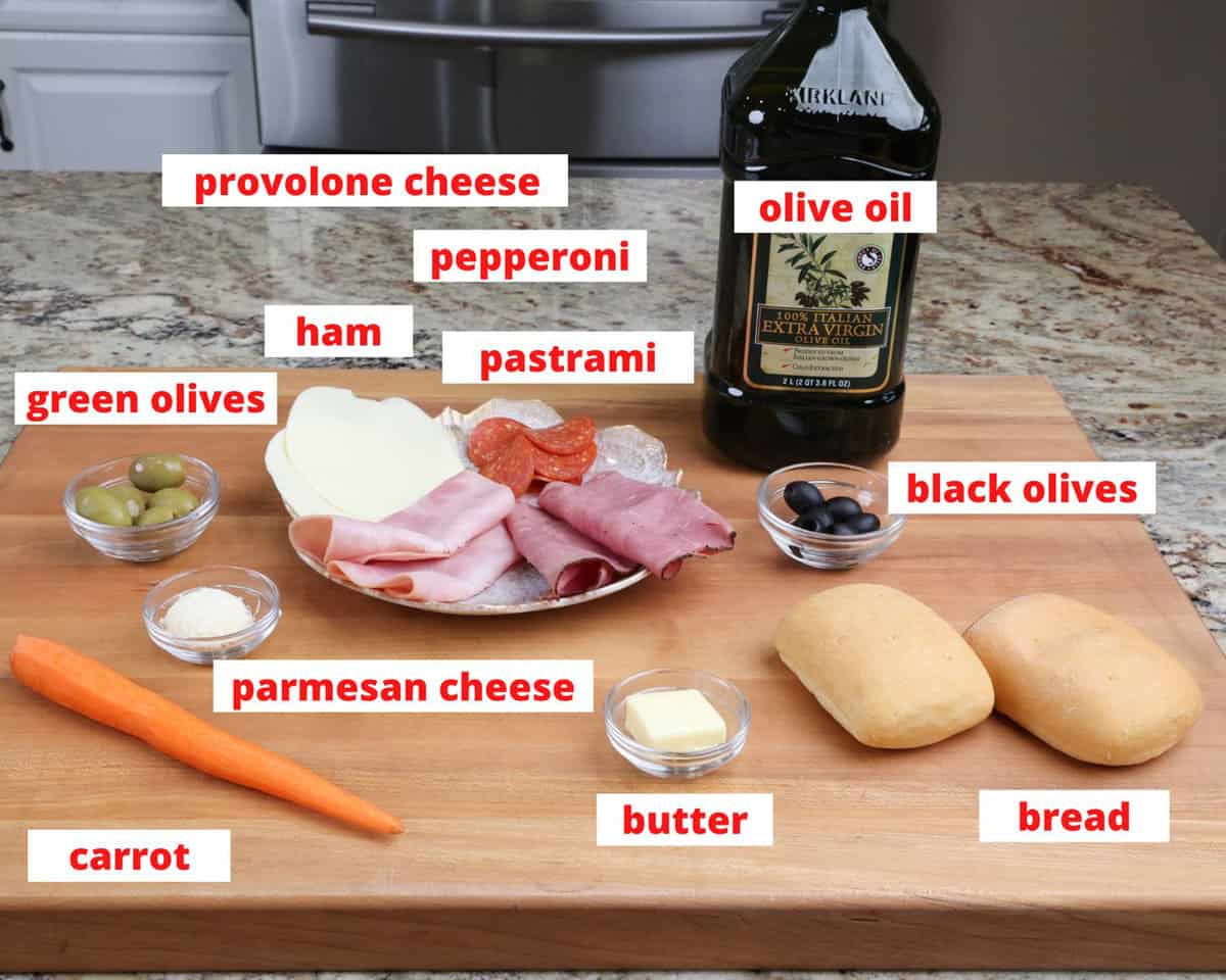 ingredients in a muffuletta on a kitchen counter