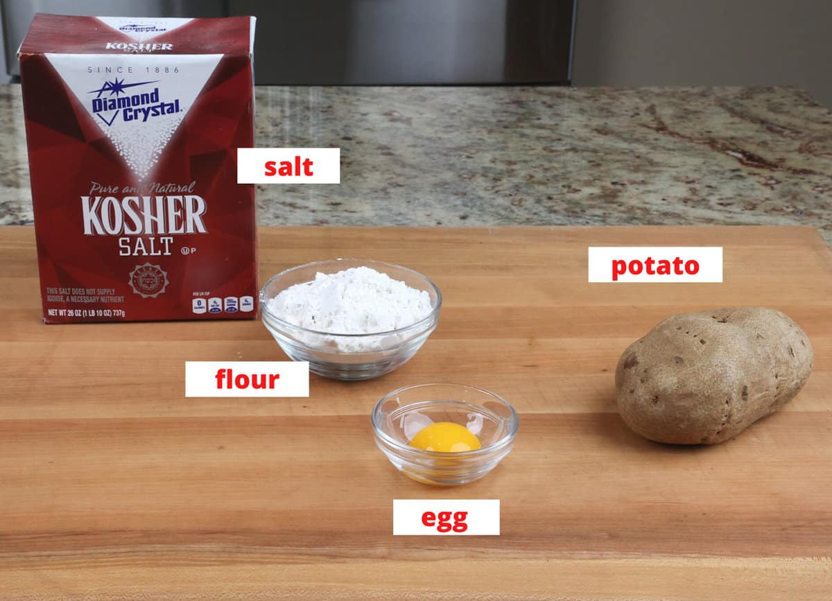potato gnocchi ingredients on a kitchen counter