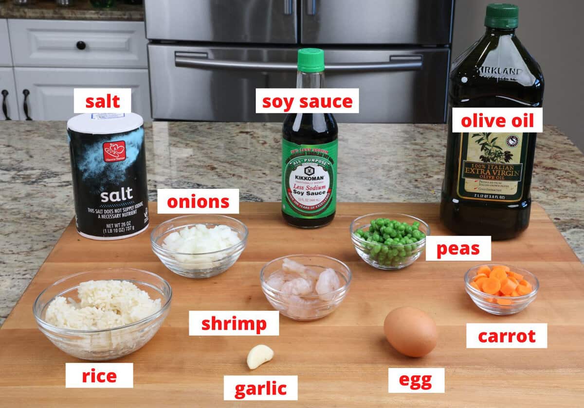 shrimp fried rice ingredients on a kitchen counter.