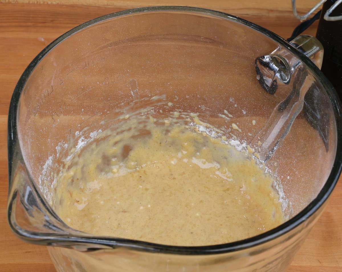 banana nut bread batter in a mixing bowl.