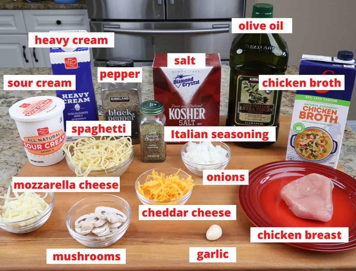 chicken tetrazzini ingredients on a kitchen counter