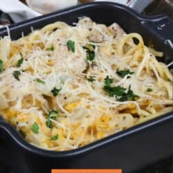 a small bowl of chicken tetrazzini topped with parmesan cheese.