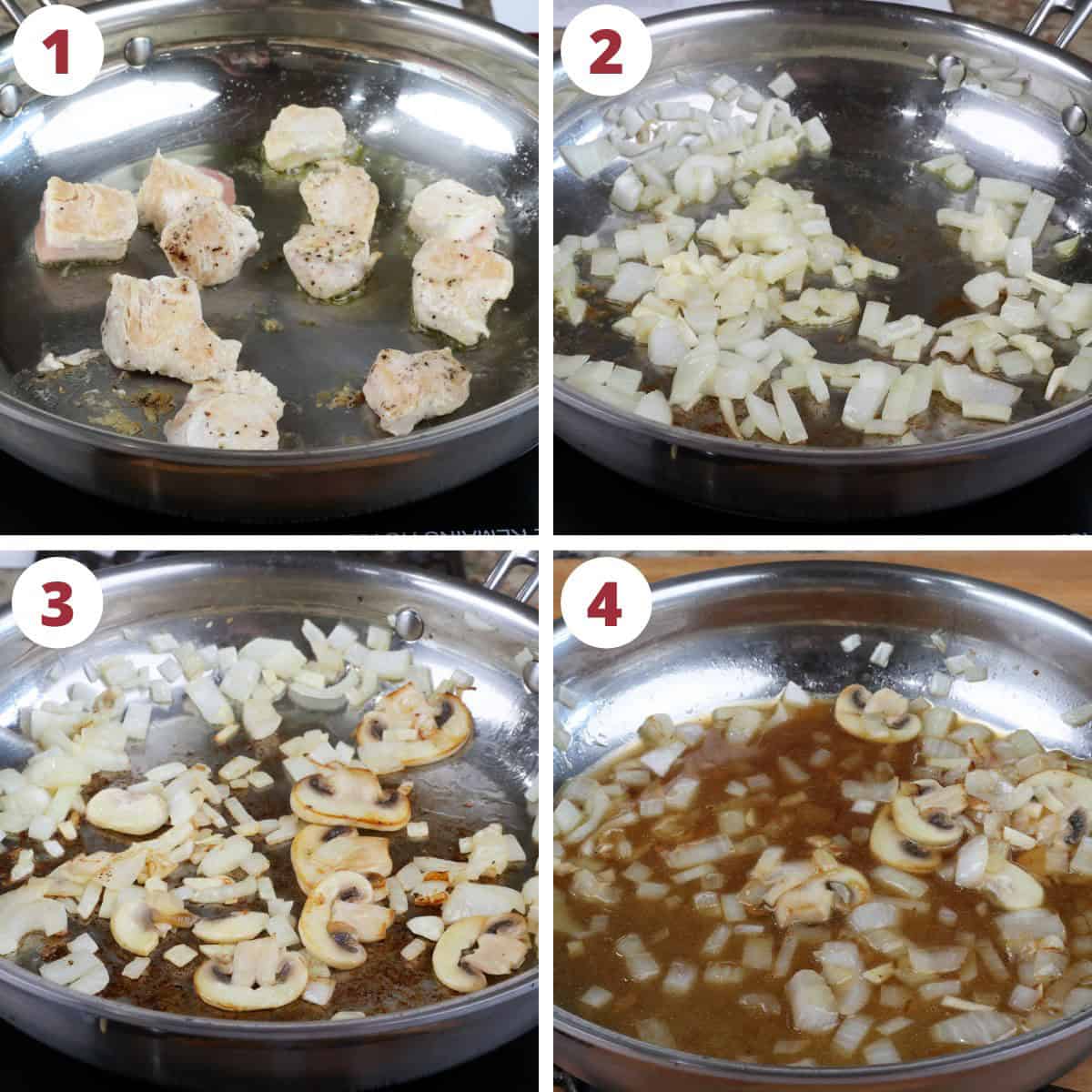 four photos showing onions and mushroom simmering in a pan with broth.