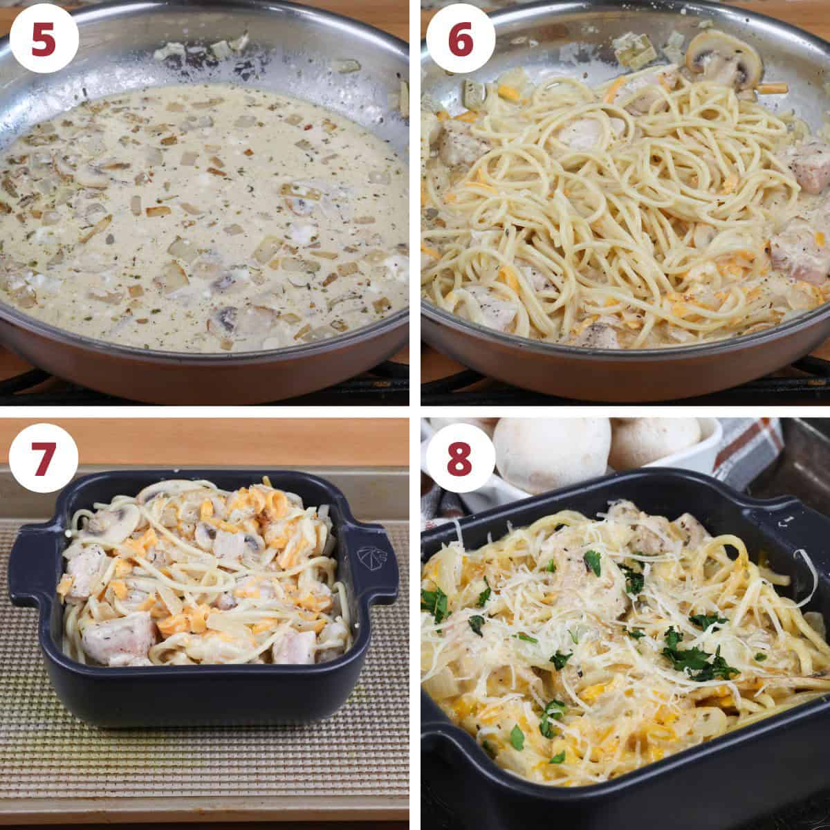four photos showing how to make a small chicken tetrazzini in a baking dish.