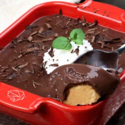 a mini chocolate pie in a red square baking dish topped with whipped cream and fresh mint with a spoon scooping out a serving