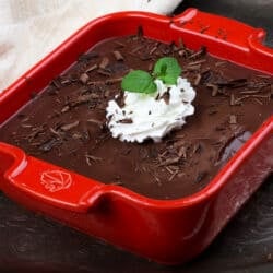 a mini chocolate pie in a red square baking dish topped with whipped cream and fresh mint