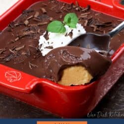 a small chocolate pie in a red square dish.