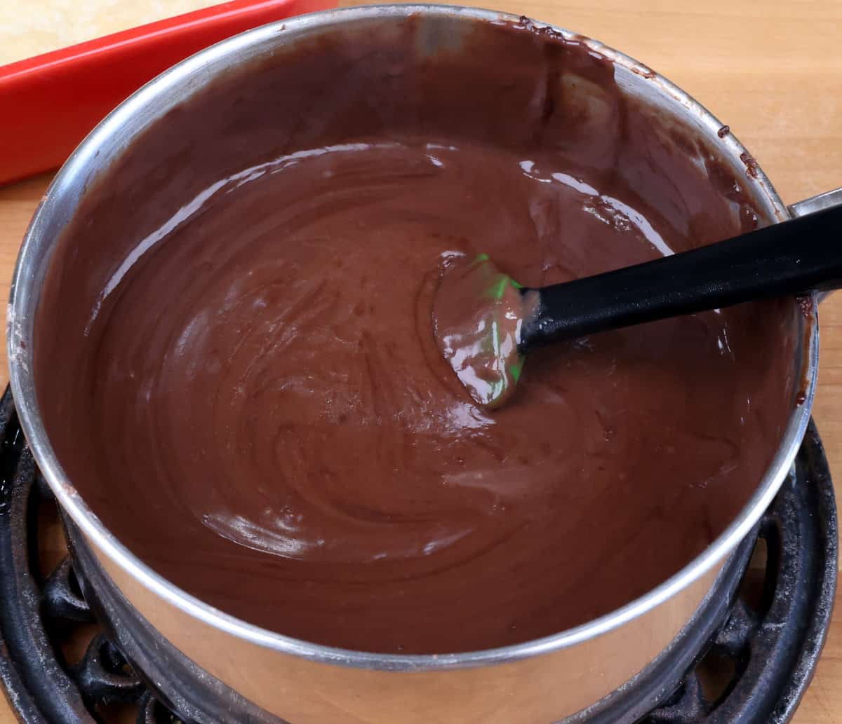 homemade chocolate pudding in a pot.