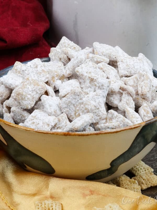 a bowl of puppy chow on a table.