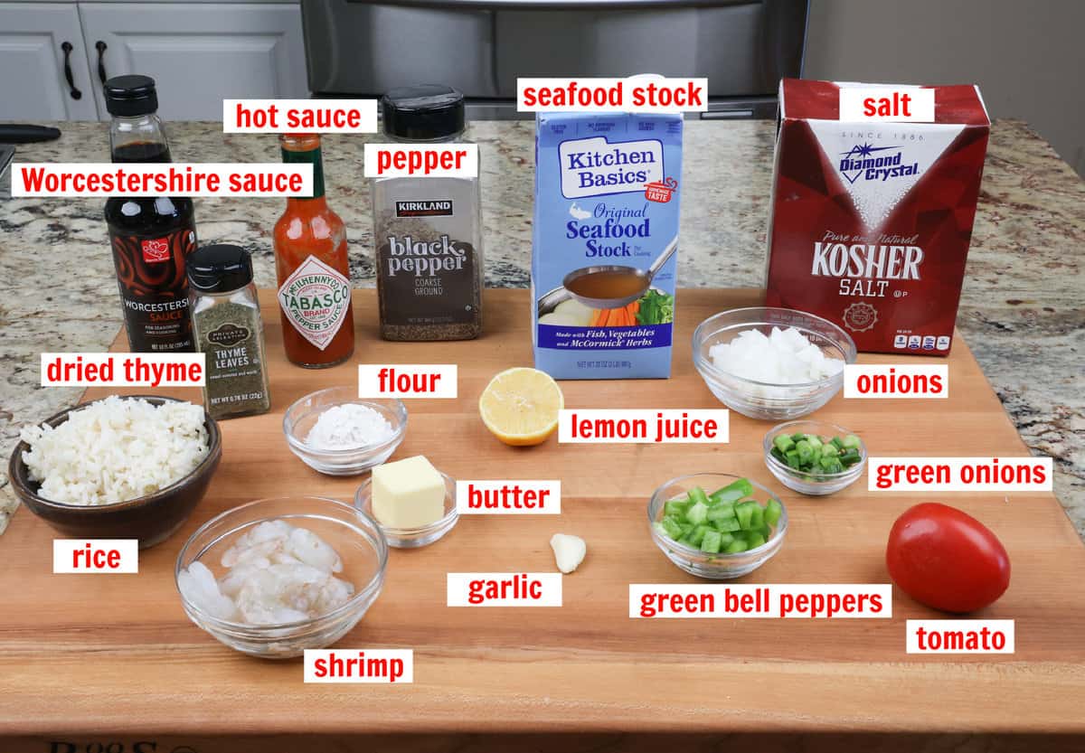 shrimp etouffee ingredients on a kitchen counter
