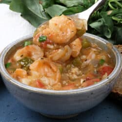 a bowl of shrimp etouffee with a spoon above the bowl holding a shrimp