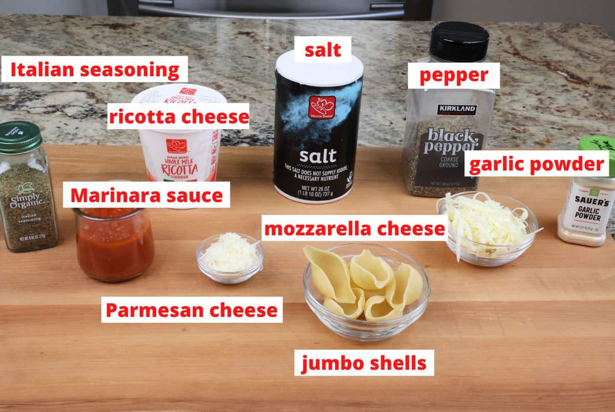 stuffed shells ingredients on a kitchen counter
