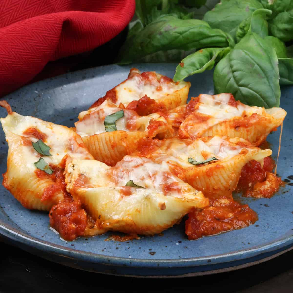stuffed shells on a blue plate surrounded by tomato sauce