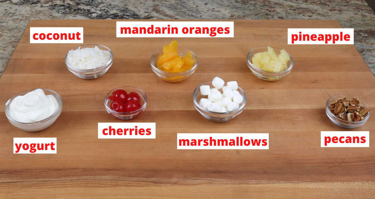 ambrosia salad ingredients on a kitchen counter