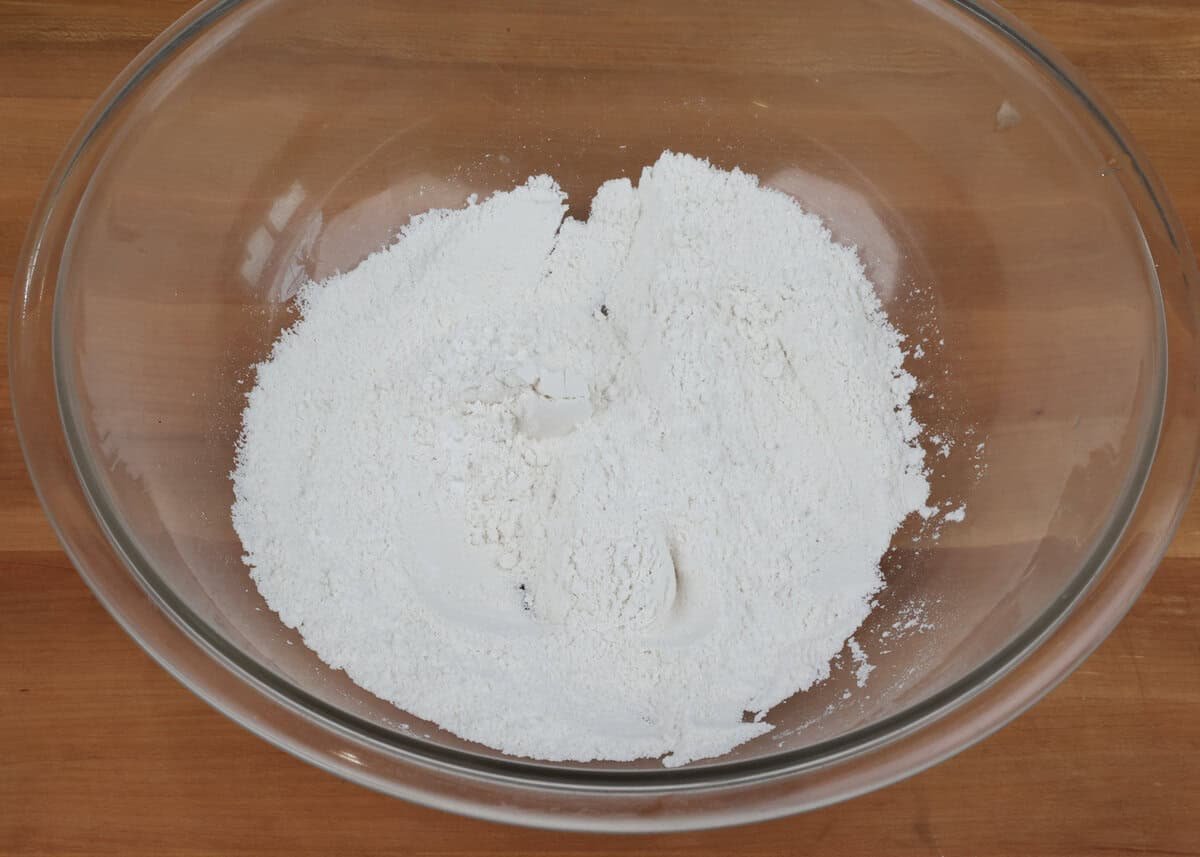 dry ingredients for buttermilk biscuits in a mixing bowl.