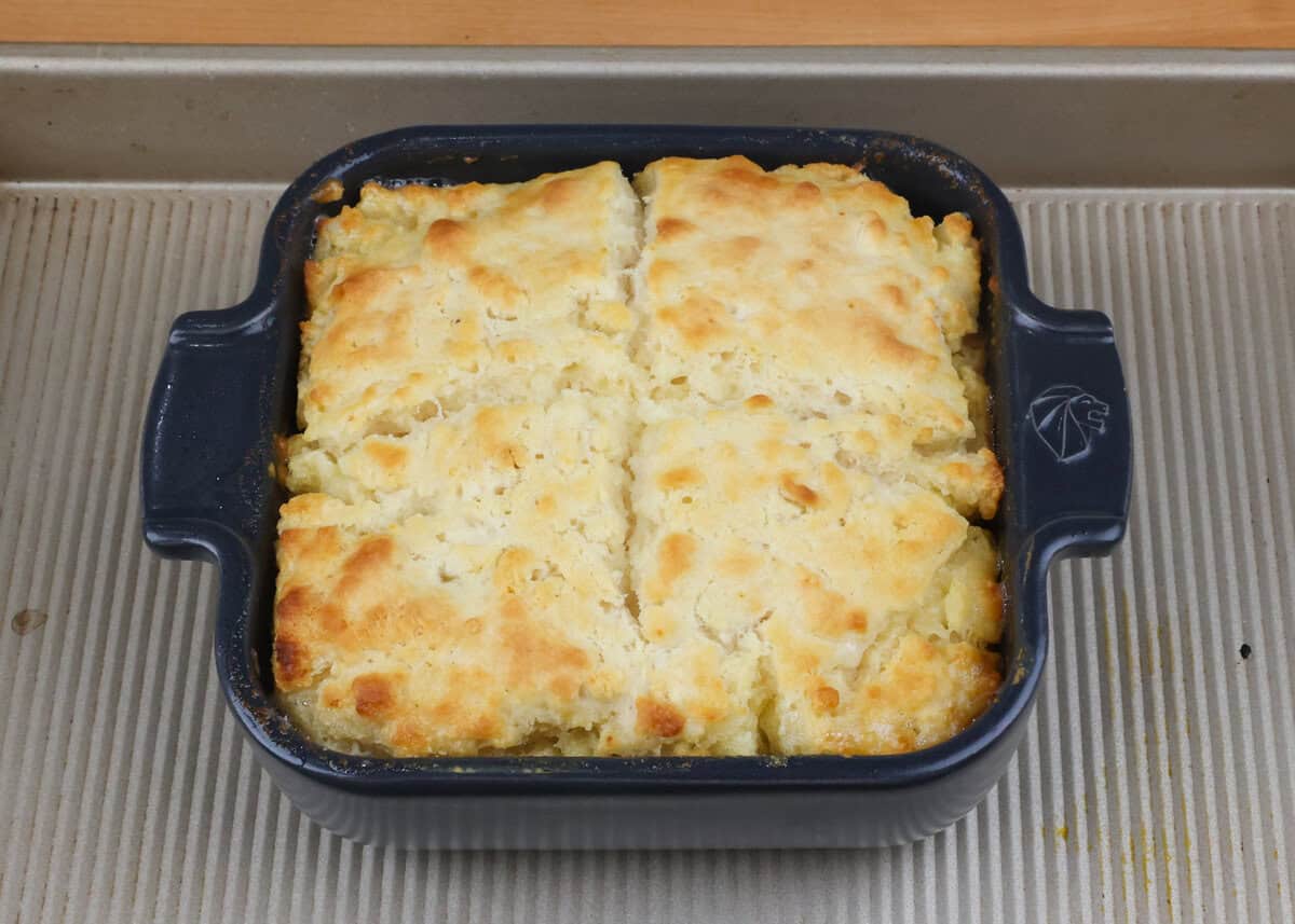 baked butter swim biscuits in a baking dish.