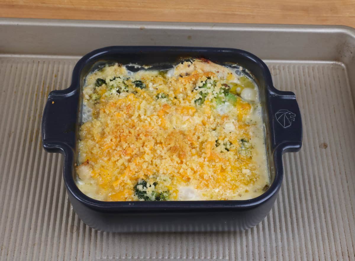 a small baked chicken divan in a square baking dish