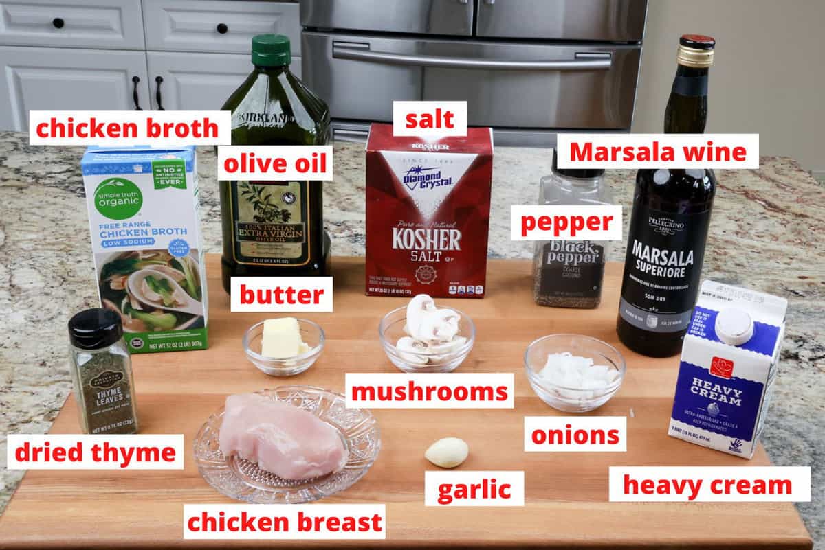 chicken marsala ingredients on a kitchen counter.