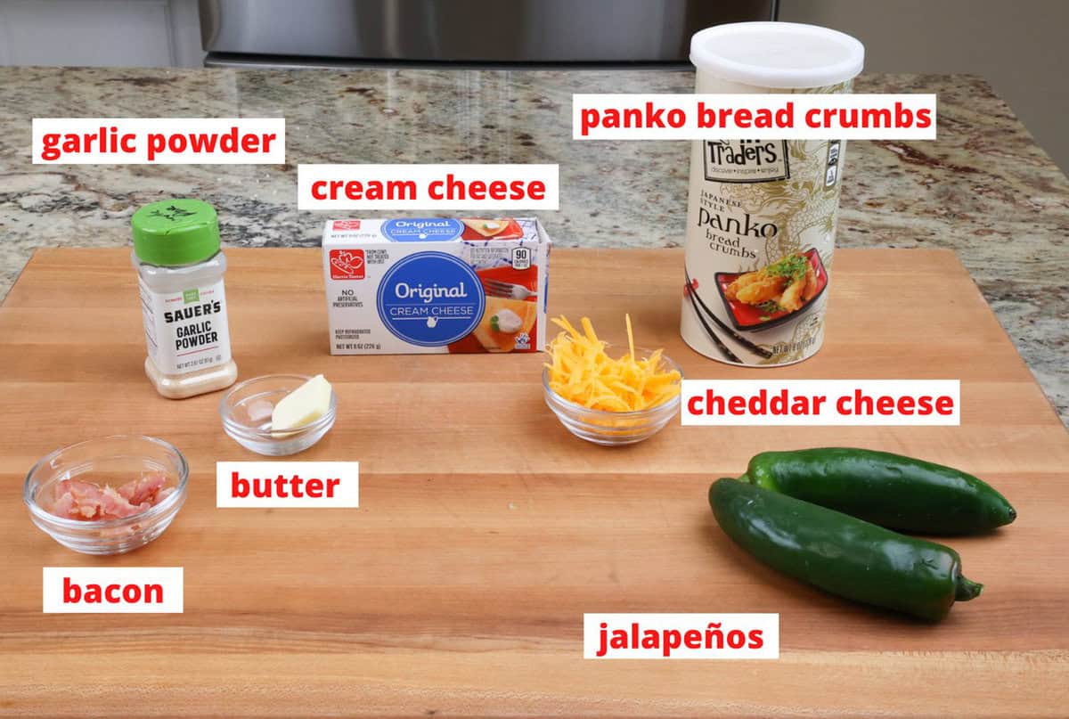 Jalapeño peppers: Use 2 jalapeños, each about 3 inches long, or 3 smaller ones. Choose firm, bright green peppers without wrinkling or soft spots. Leftover jalapeños can be used in recipes like Mexican Street Corn Salad, Taco Soup, Salsa, or Guacamole Salad.

Bacon: Use 2 slices of cooked and crumbled bacon or substitute with real bacon bits. Extra bacon is great for recipes like Zuppa Toscana, Baked Beans, or Lentil Stew.

Cream cheese: Ensure the cream cheese is at room temperature for a smooth filling. Leftovers can be used in recipes like Cheesecake Bars, Crack Chicken or Oreo Balls.

Cheese: Sharp cheddar adds bold flavor, but you can use any cheese you prefer. Shred your own cheese for better melting, as pre-shredded cheese contains preservatives that prevent smooth melting. Extra cheese works well in an Egg Wrap or Vegetarian Enchiladas.

Garlic powder: A pinch of garlic powder enhances the flavor of the filling.

Butter: Use melted salted or unsalted butter to combine with breadcrumbs for a crispy topping.

Panko breadcrumbs: Panko adds the perfect crunch to the baked poppers. A traditional fried popper has a breaded coating that completely surrounds the pepper. Since these are baked, we use a simple Panko topping sprinkled over the top instead. Leftover breadcrumbs can be used in recipes like Chicken Nuggets or Broccoli Casserole. For a low-carb or keto-friendly option, skip the breadcrumb topping.

Optional Variation: Skip the breadcrumb topping and wrap each jalapeño popper with a strip of bacon instead. Place the seam side down on a baking sheet and bake for 20 minutes, or until the bacon is browned and crisp.