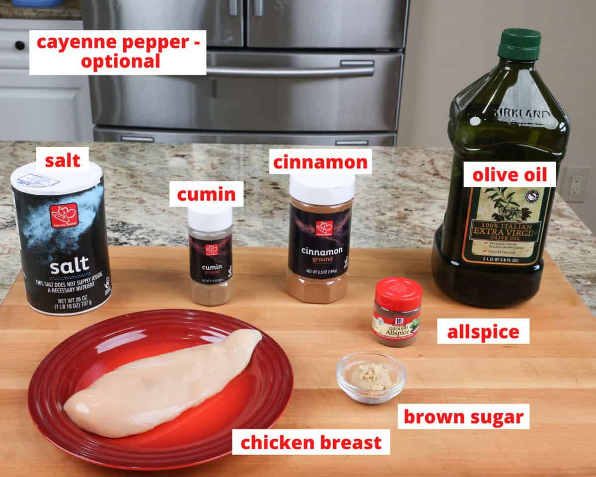 jerk chicken ingredients on a kitchen counter.