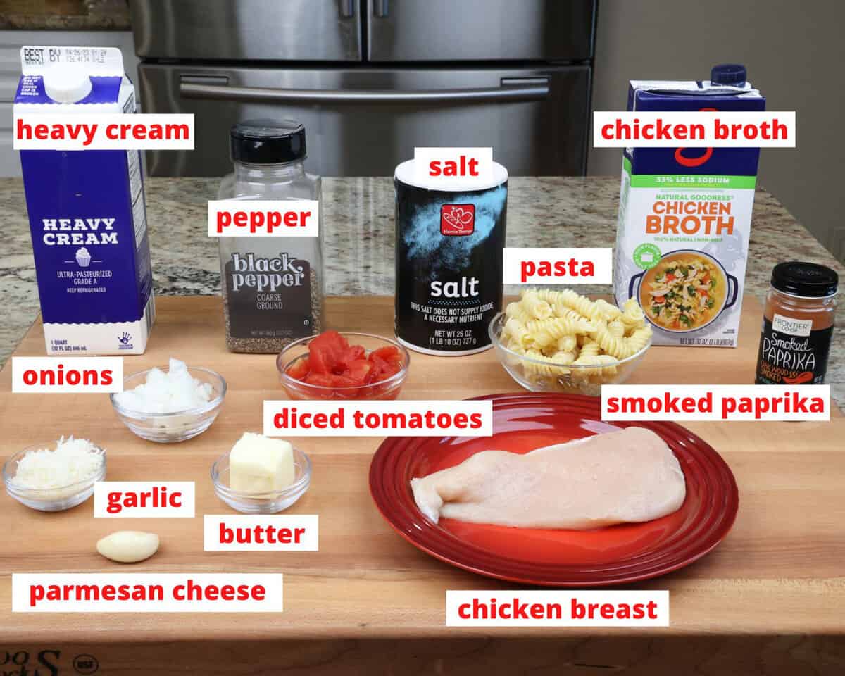 paprika chicken ingredients on a kitchen counter.